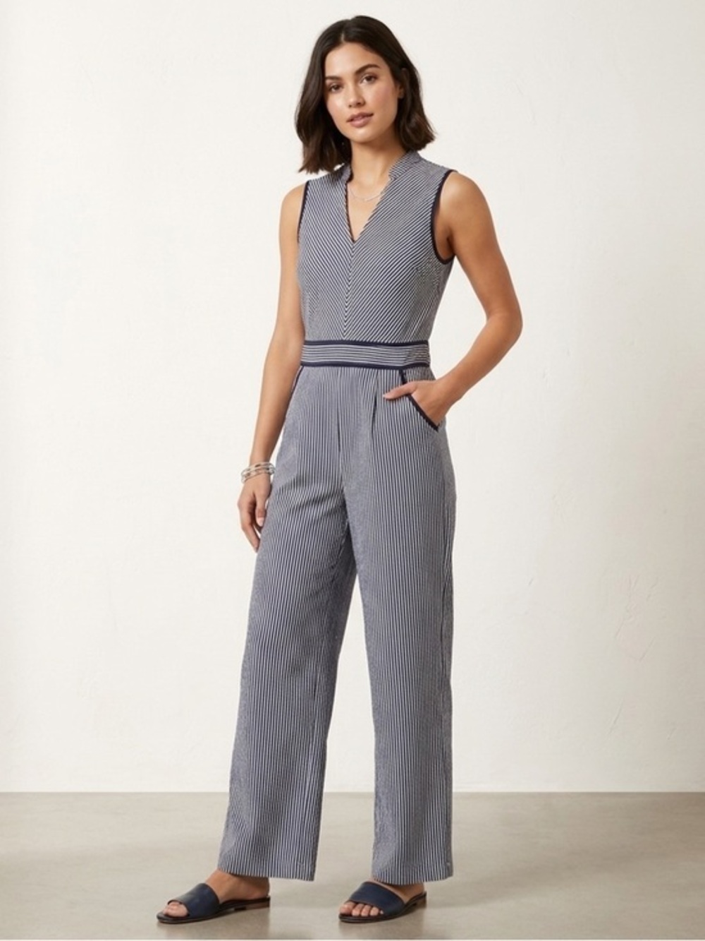 Monteau LA Women’s Medium Jumpsuit Navy White Striped Sleeveless Wide Leg M